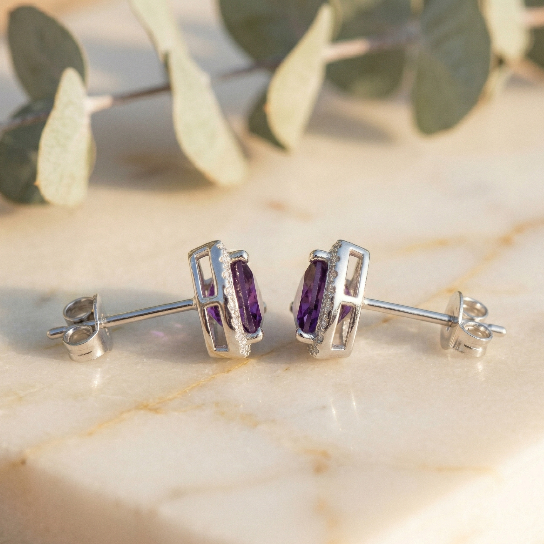 Vivid Amethyst Trillion Halo Studs - 925 Sterling Silver