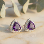 Vivid Amethyst Trillion Halo Studs - 925 Sterling Silver