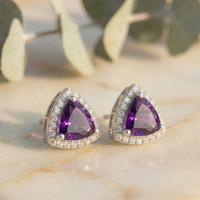 Vivid Amethyst Trillion Halo Studs - 925 Sterling Silver