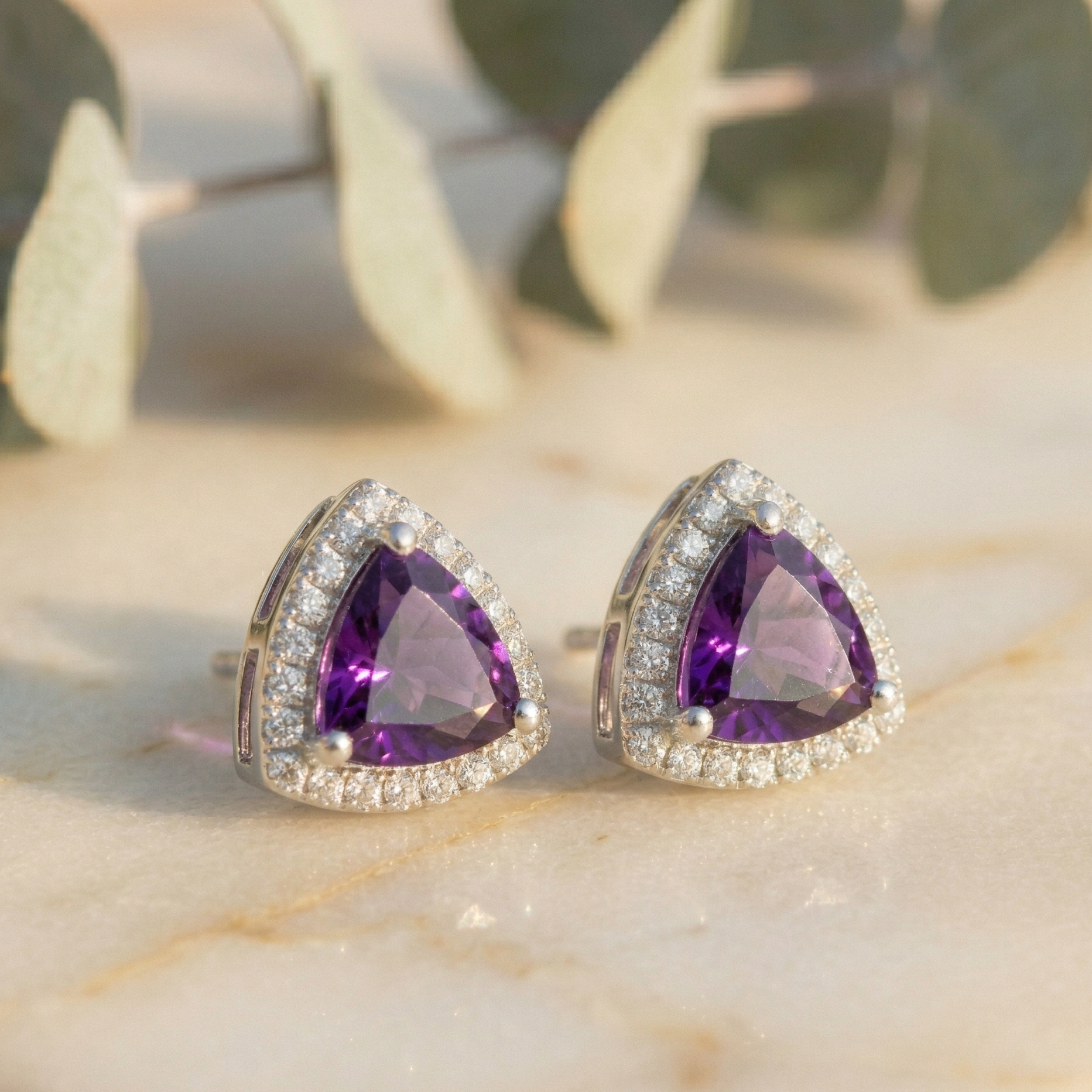 Vivid Amethyst Trillion Halo Studs - 925 Sterling Silver