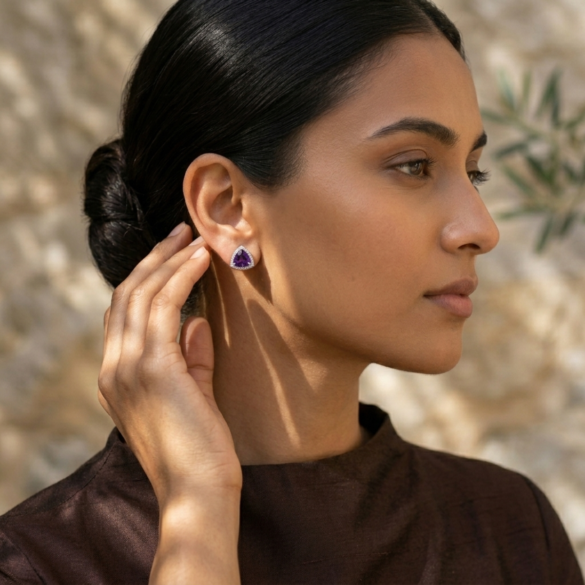 Vivid Amethyst Trillion Halo Studs - 925 Sterling Silver