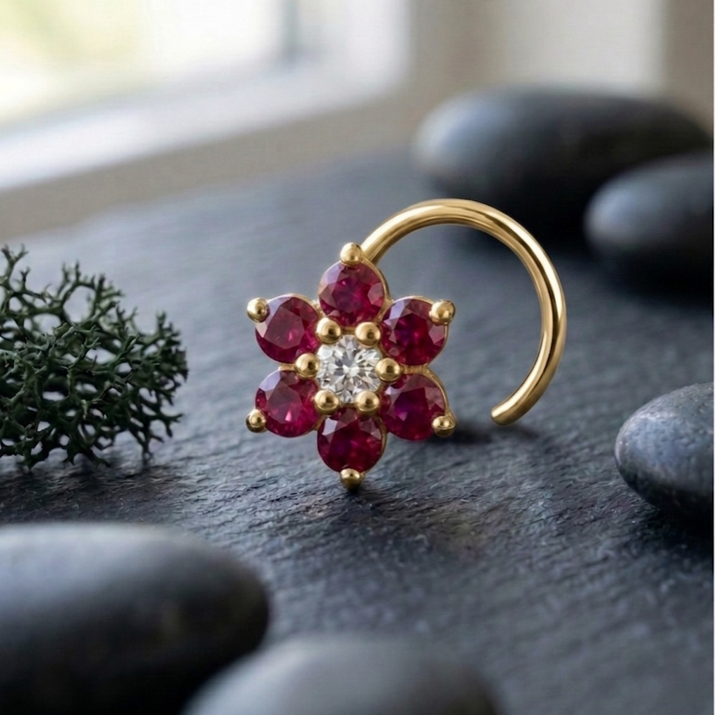 Ruby Daisy Nose Pin in 925 Sterling Silver