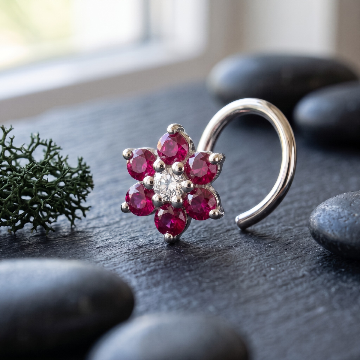 Ruby Daisy Nose Pin in 925 Sterling Silver