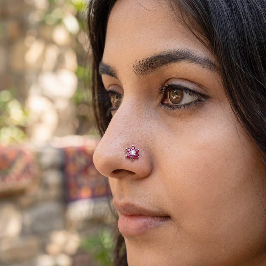 Ruby Daisy Nose Pin in 925 Sterling Silver