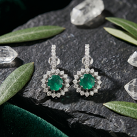 Emerald Green Round Halo Drop Earrings - 925 Sterling Silver