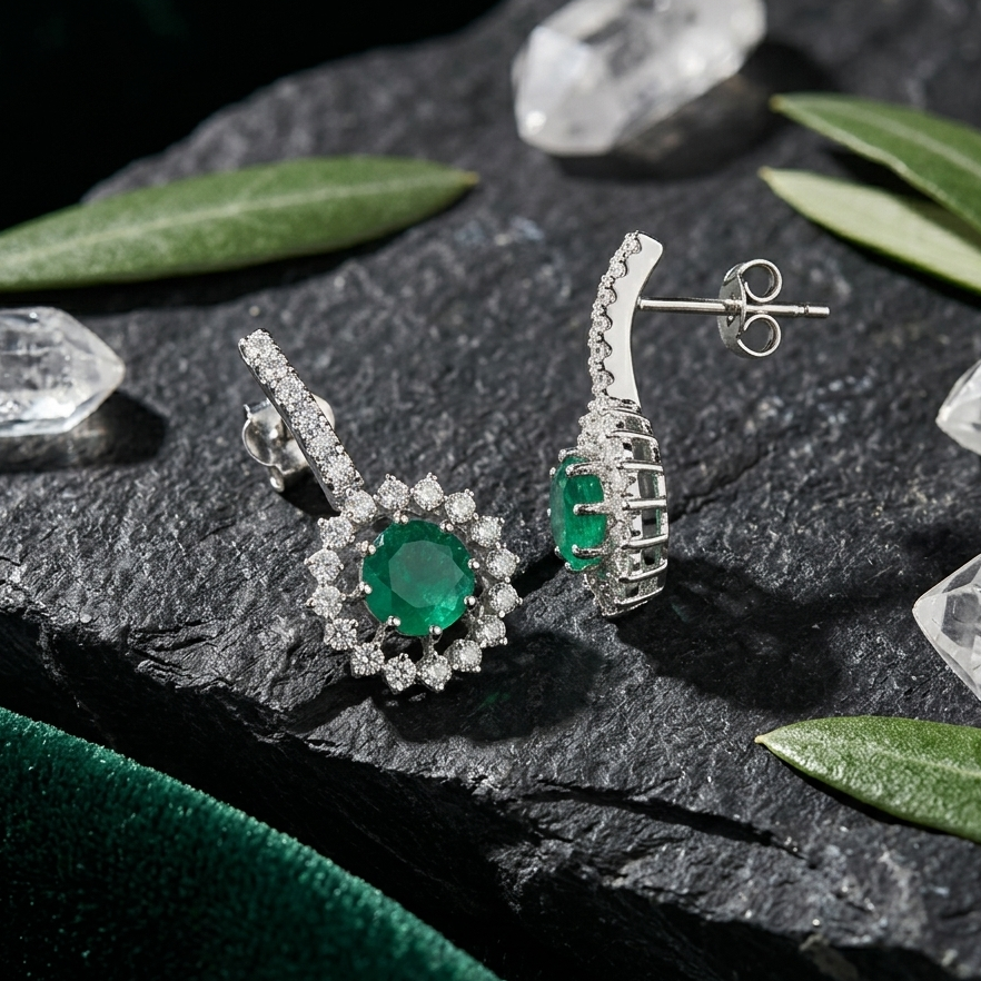 Emerald Green Round Halo Drop Earrings - 925 Sterling Silver