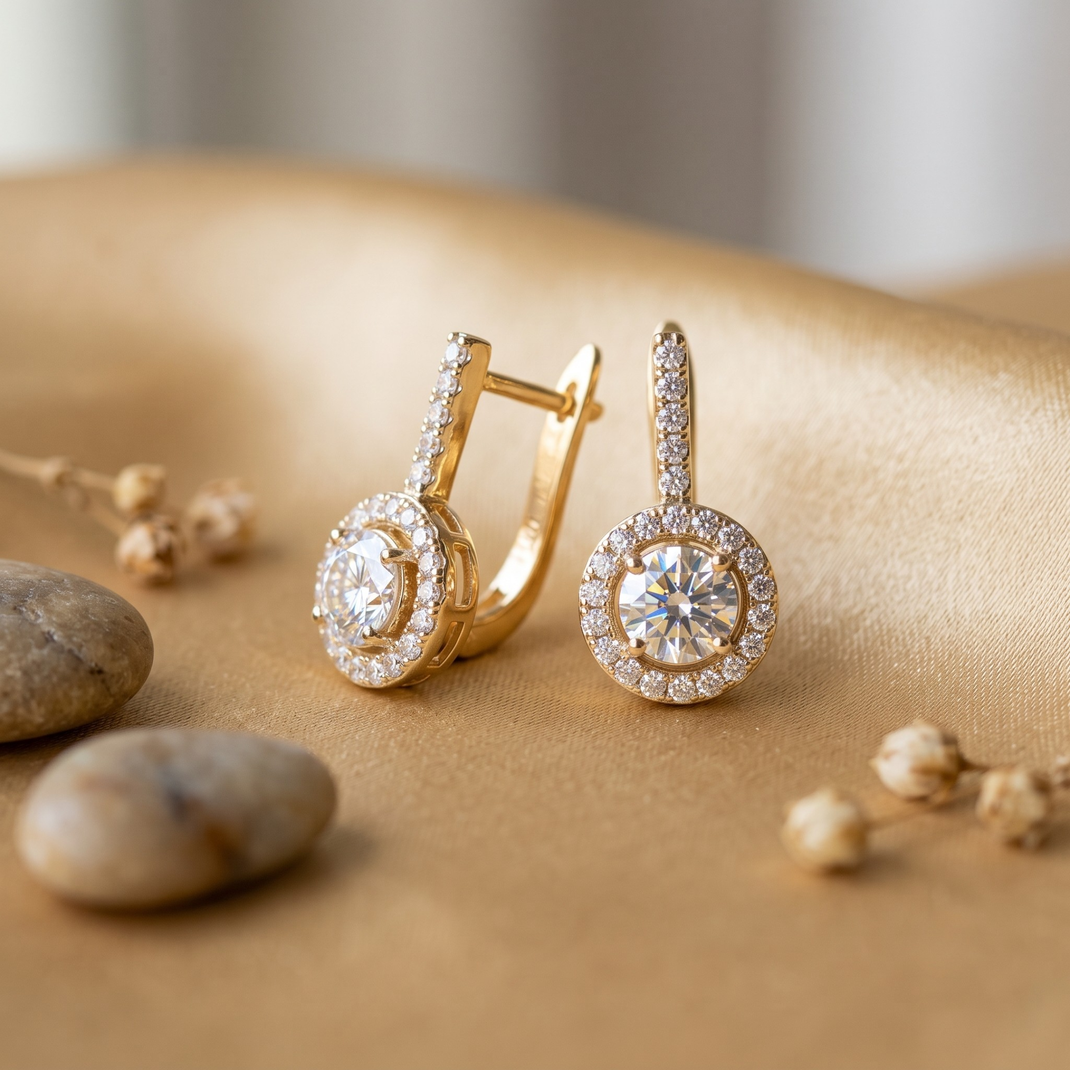 Gold Round Halo Drop Earrings - 925 Sterling Silver