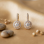 Gold Round Halo Drop Earrings - 925 Sterling Silver