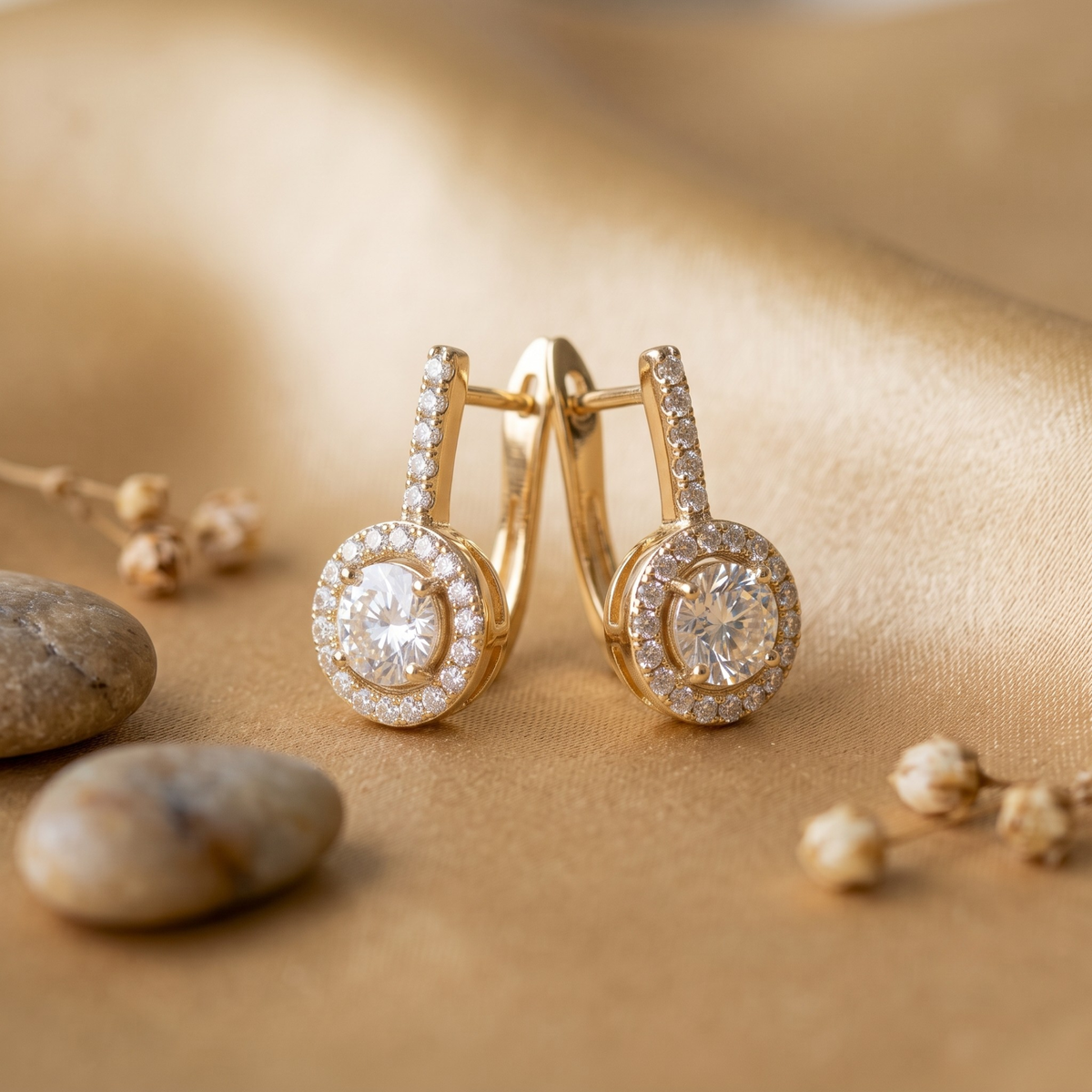 Gold Round Halo Drop Earrings - 925 Sterling Silver
