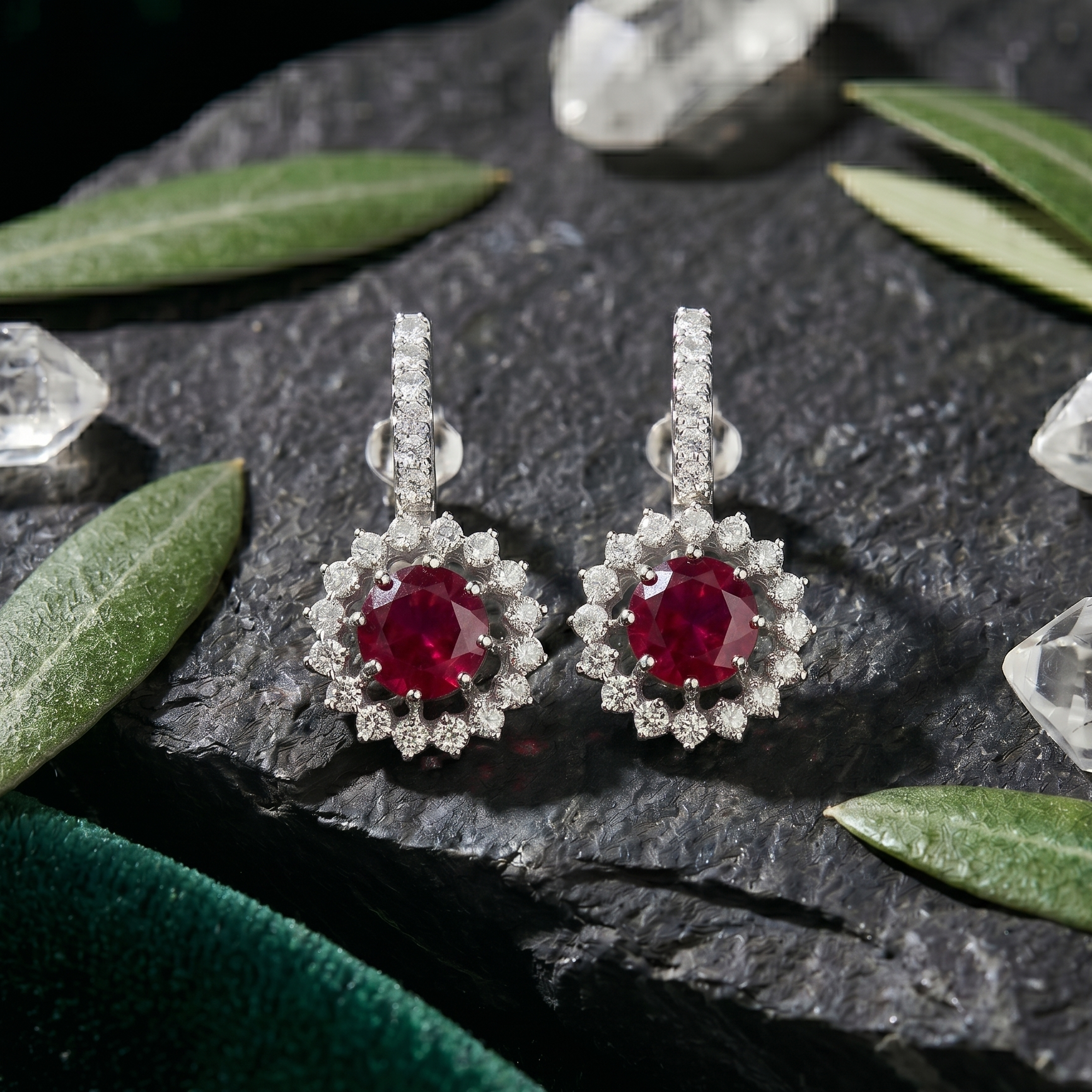 Round Ruby Halo Drop Earrings - 925 Sterling Silver
