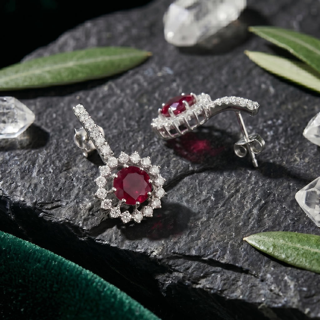 Round Ruby Halo Drop Earrings - 925 Sterling Silver