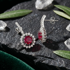 Round Ruby Halo Drop Earrings - 925 Sterling Silver