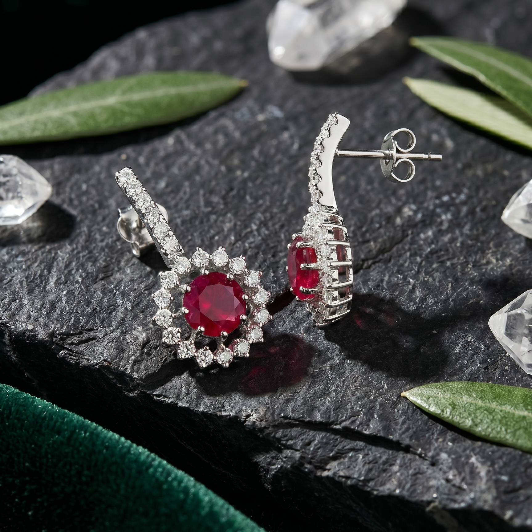 Round Ruby Halo Drop Earrings - 925 Sterling Silver