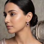 Round Ruby Halo Drop Earrings - 925 Sterling Silver