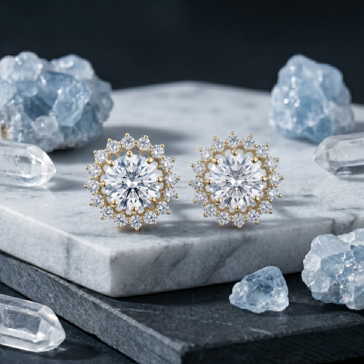 Round Starburst Halo Studs - 925 Sterling Silver