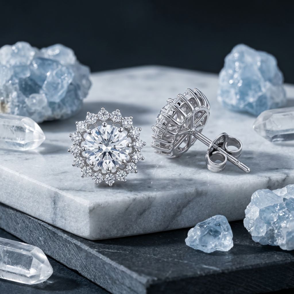 Round Starburst Halo Studs - 925 Sterling Silver
