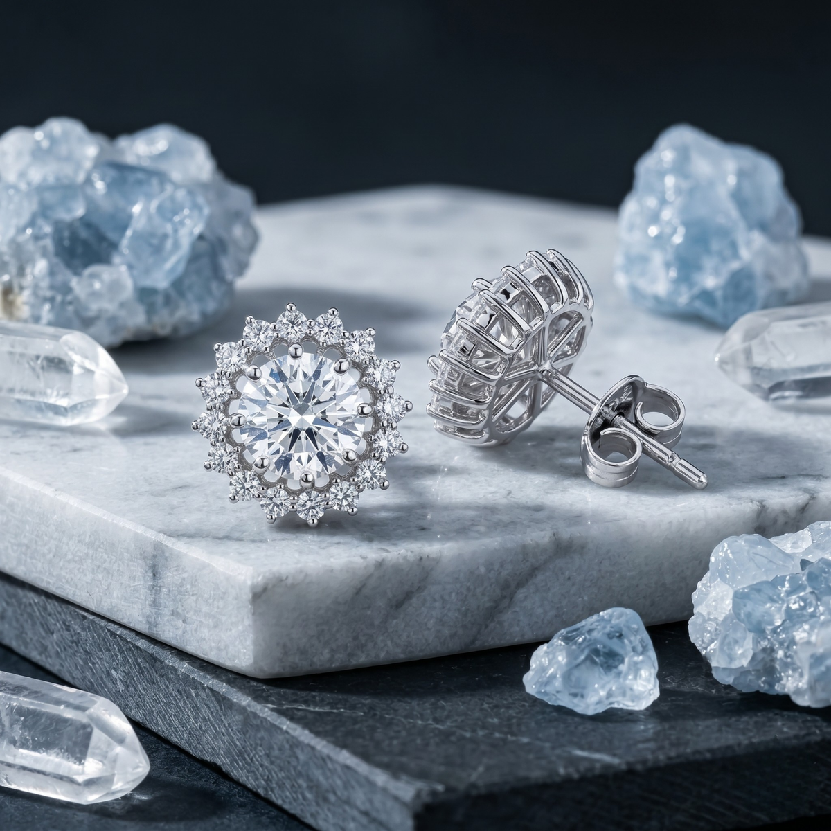 Round Starburst Halo Studs - 925 Sterling Silver