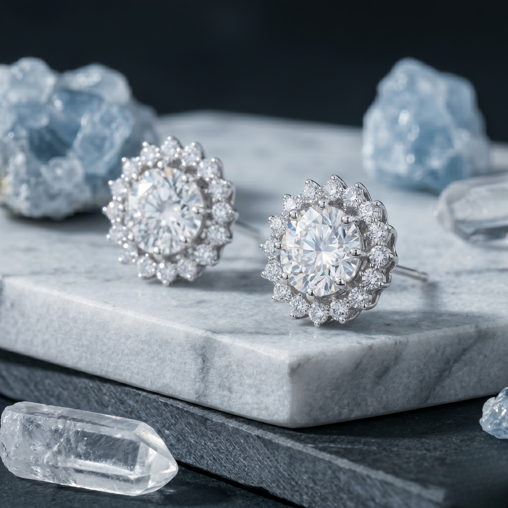 Round Starburst Halo Studs - 925 Sterling Silver