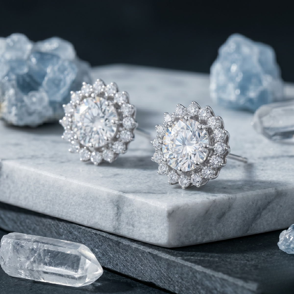 Round Starburst Halo Studs - 925 Sterling Silver