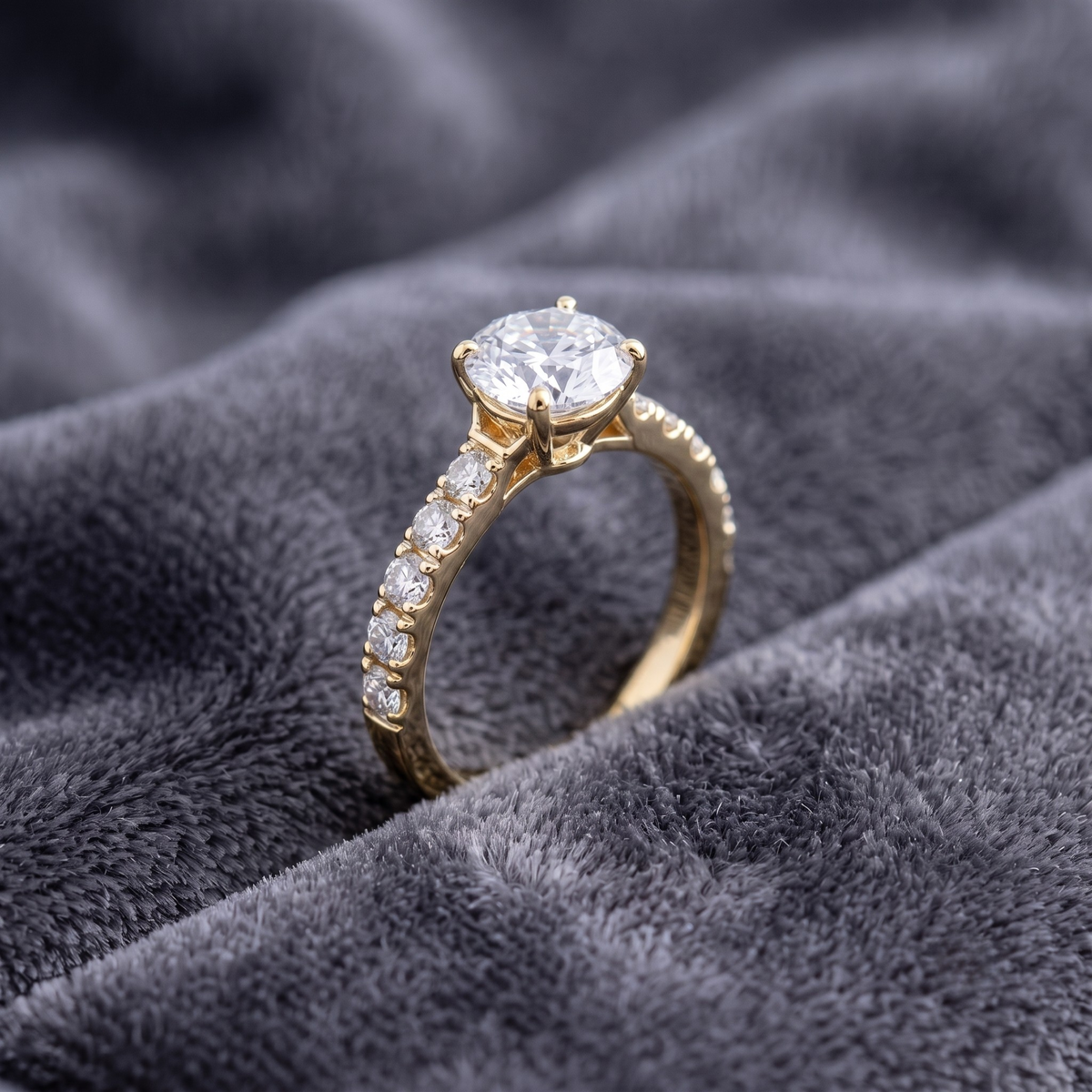 Round Cut Solitaire Ring with Pavé Band in 925 Sterling Silver