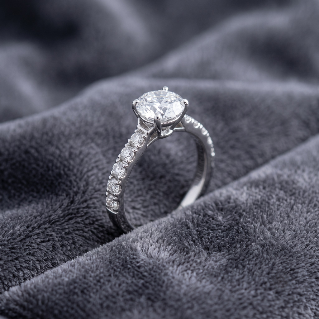Round Cut Solitaire Ring with Pavé Band in 925 Sterling Silver