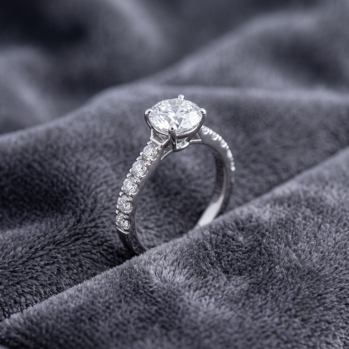 Round Cut Solitaire Ring with Pavé Band in 925 Sterling Silver