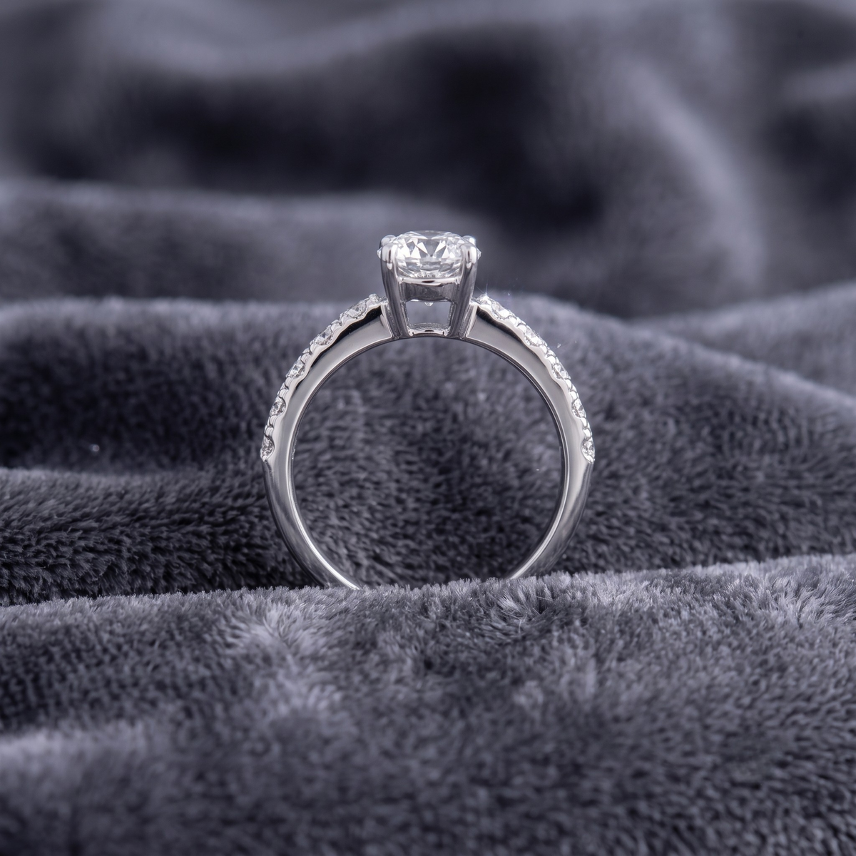 Round Cut Solitaire Ring with Pavé Band in 925 Sterling Silver
