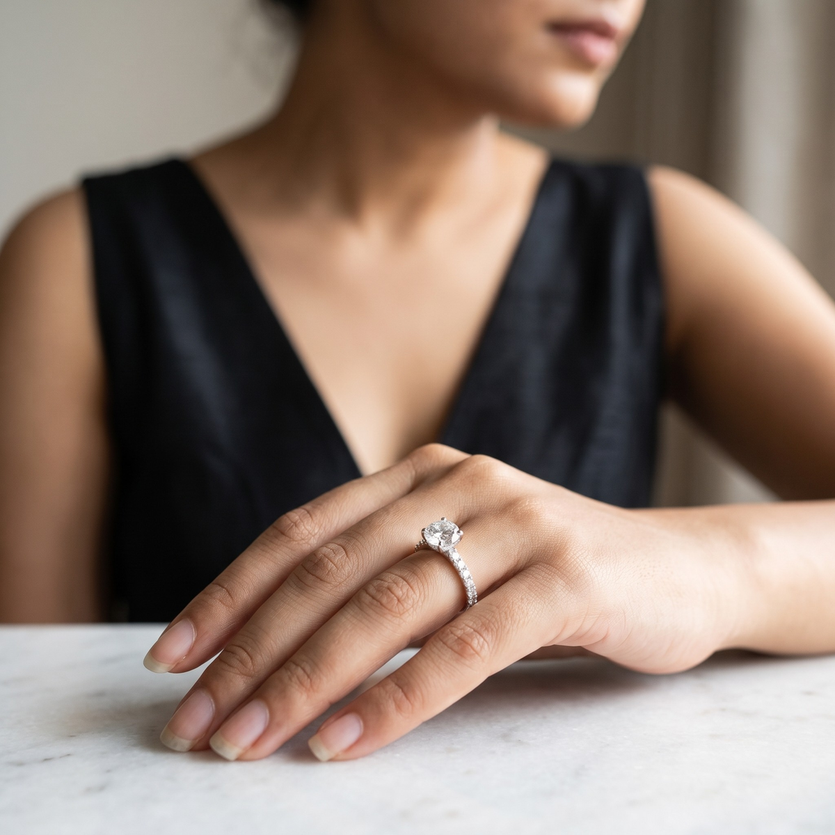 Round Cut Solitaire Ring with Pavé Band in 925 Sterling Silver
