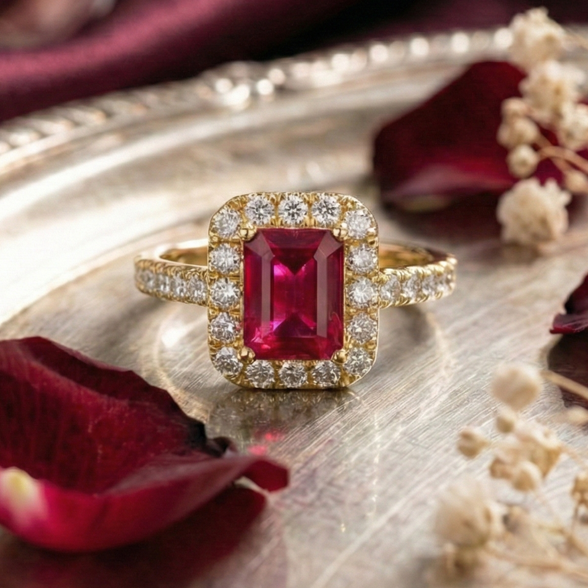 925 Sterling Silver Royal Ruby Halo Adjustable Ring