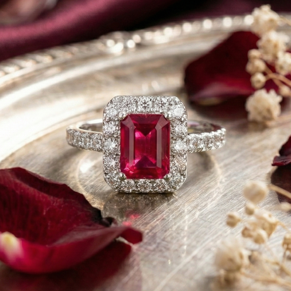 925 Sterling Silver Royal Ruby Halo Adjustable Ring