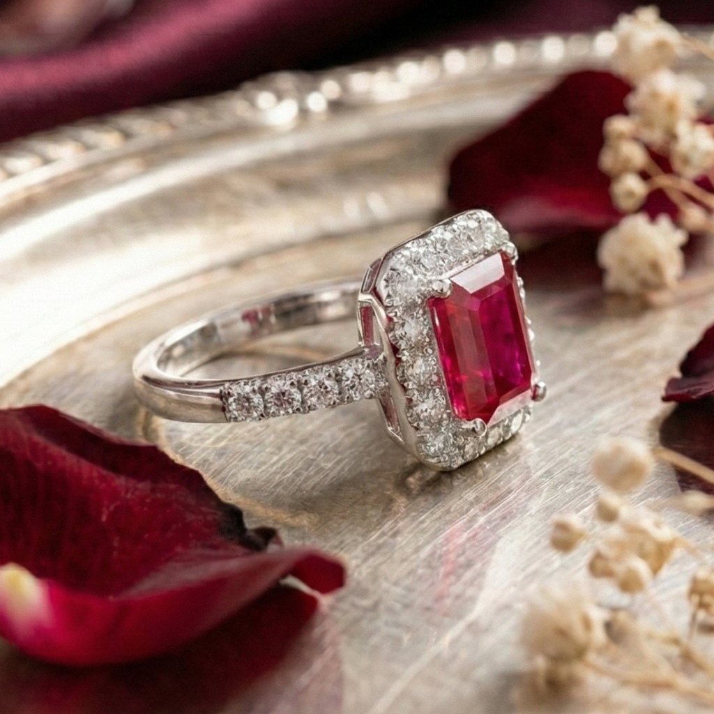 925 Sterling Silver Royal Ruby Halo Adjustable Ring