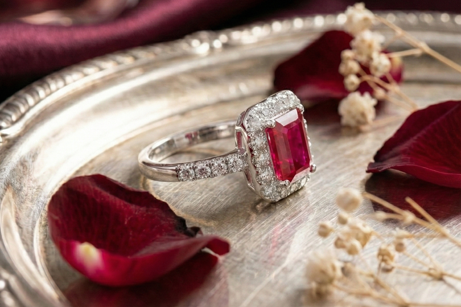 925 Sterling Silver Royal Ruby Halo Adjustable Ring