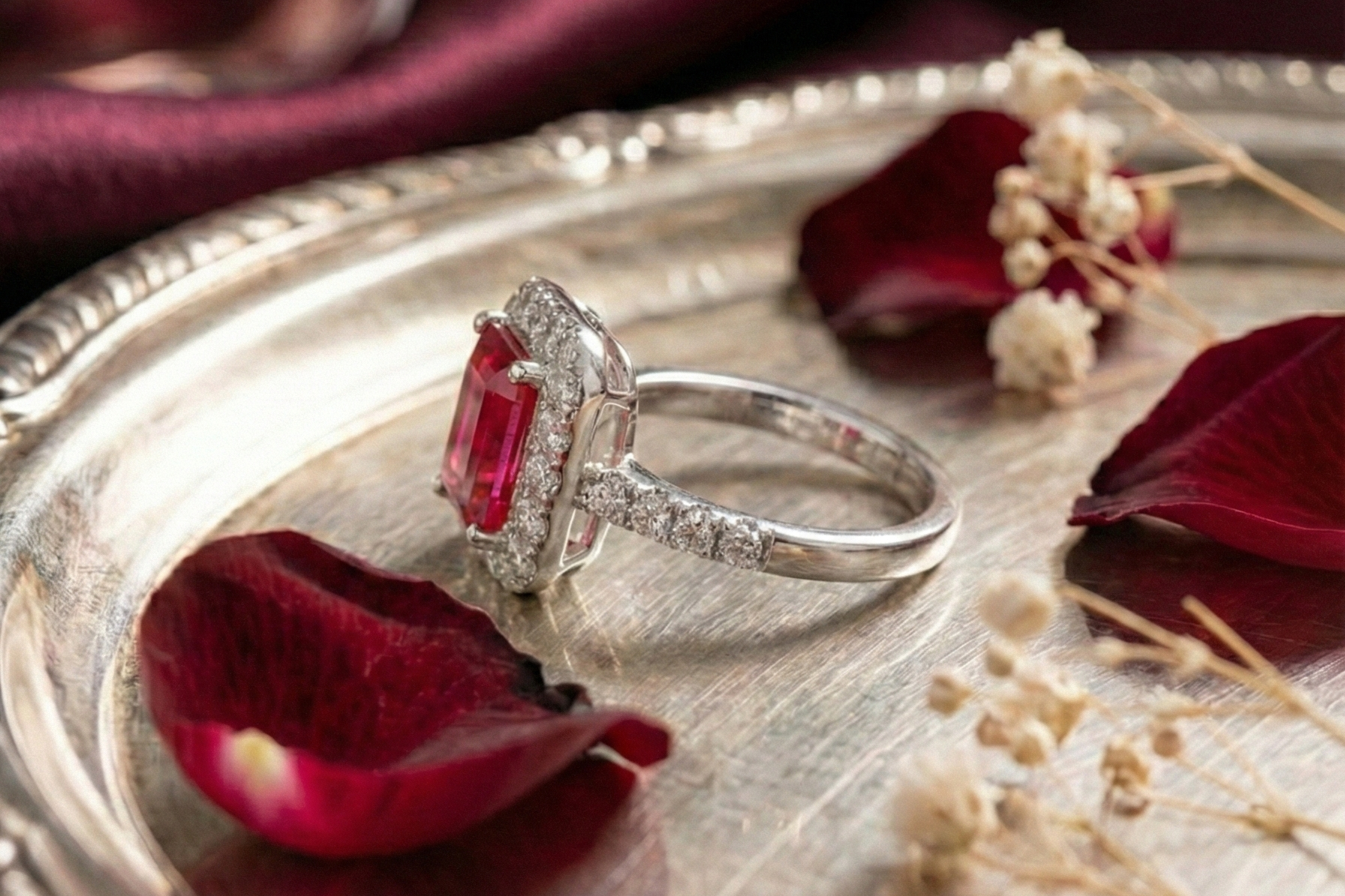 925 Sterling Silver Royal Ruby Halo Adjustable Ring