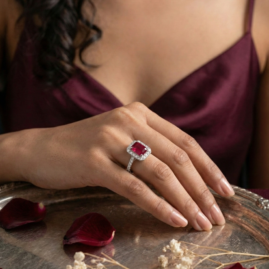 925 Sterling Silver Royal Ruby Halo Adjustable Ring