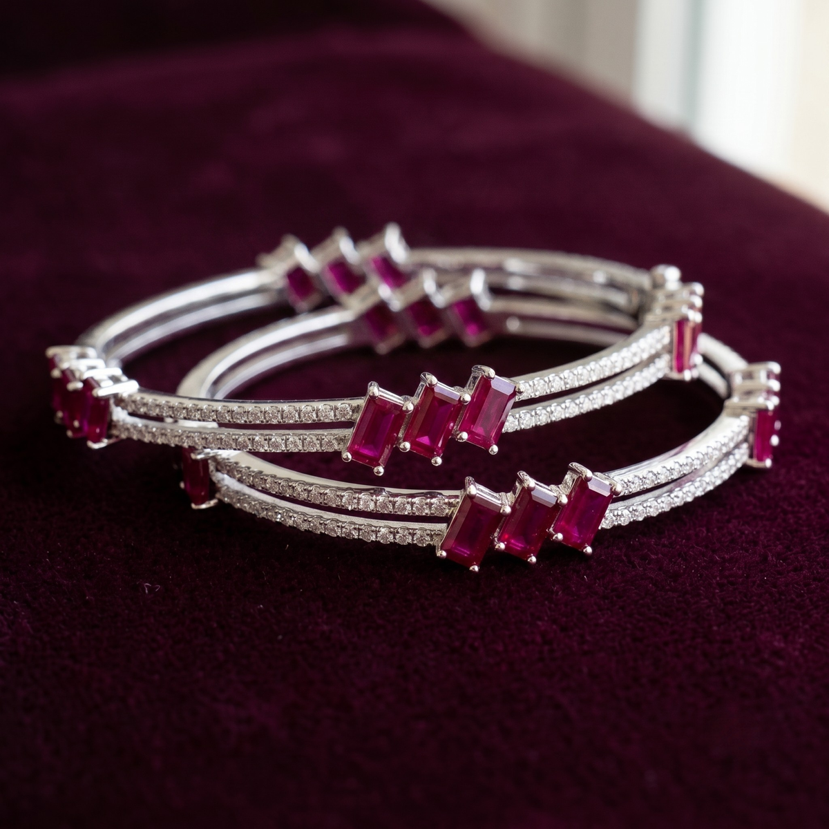 Signature Ruby Trio Baguette Bangle in 925 Sterling Silver