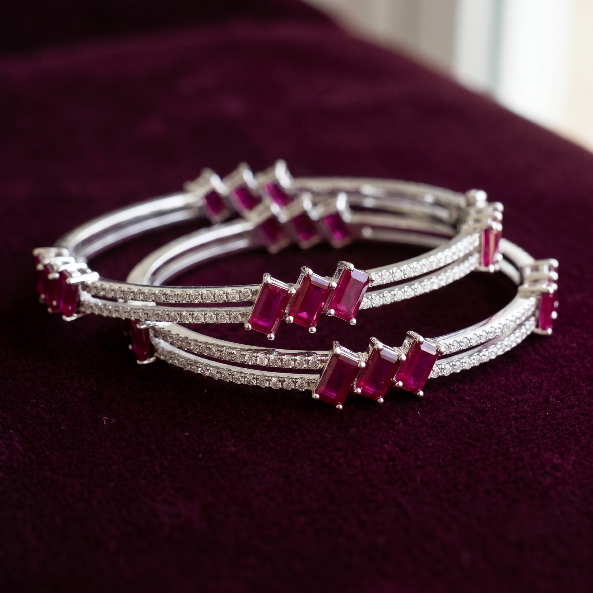 Signature Ruby Trio Baguette Bangle in 925 Sterling Silver
