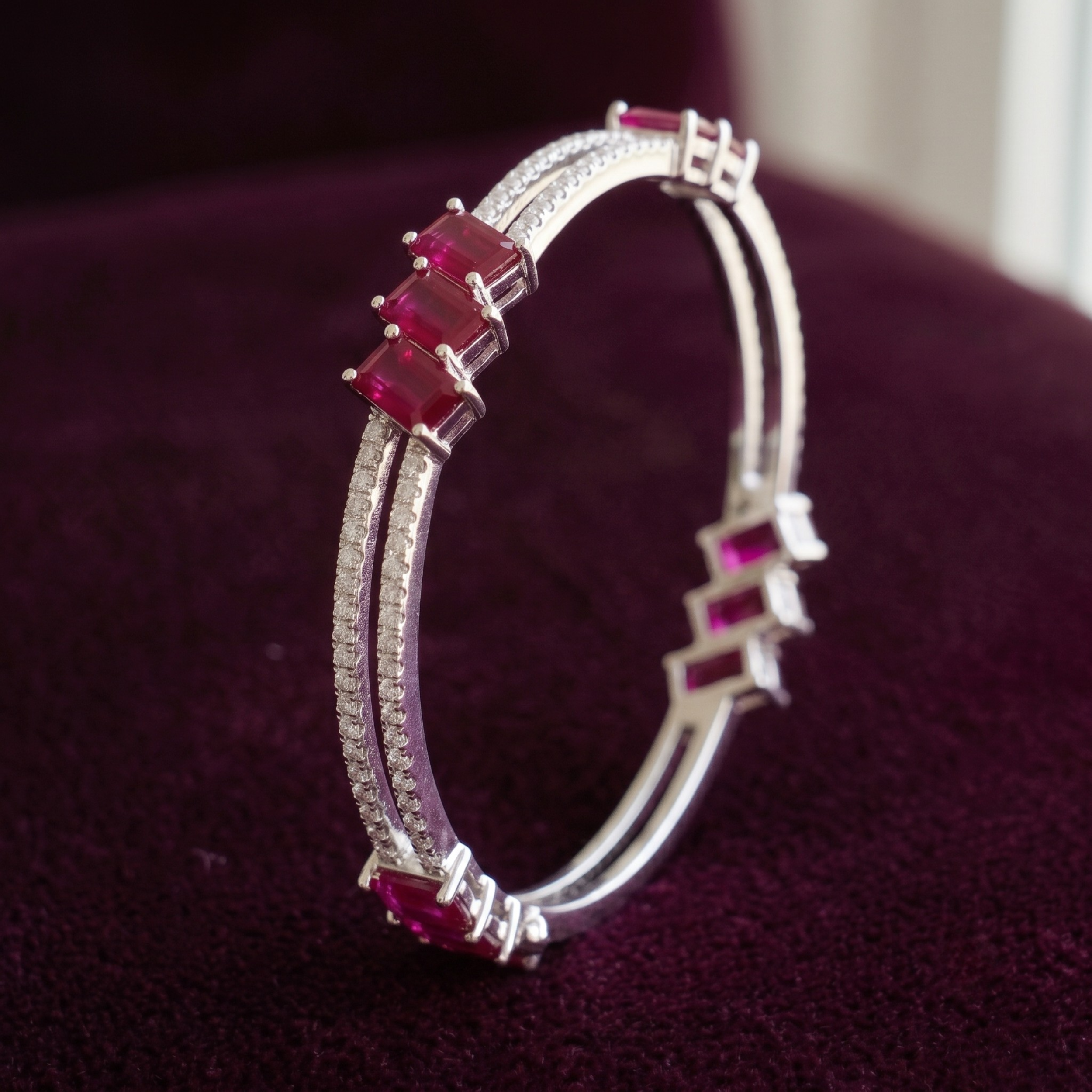 Signature Ruby Trio Baguette Bangle in 925 Sterling Silver