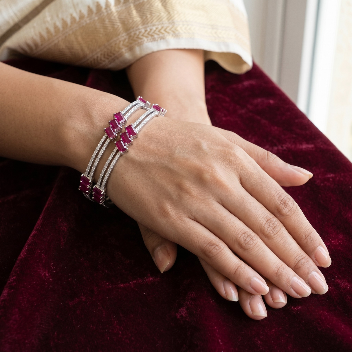 Signature Ruby Trio Baguette Bangle in 925 Sterling Silver