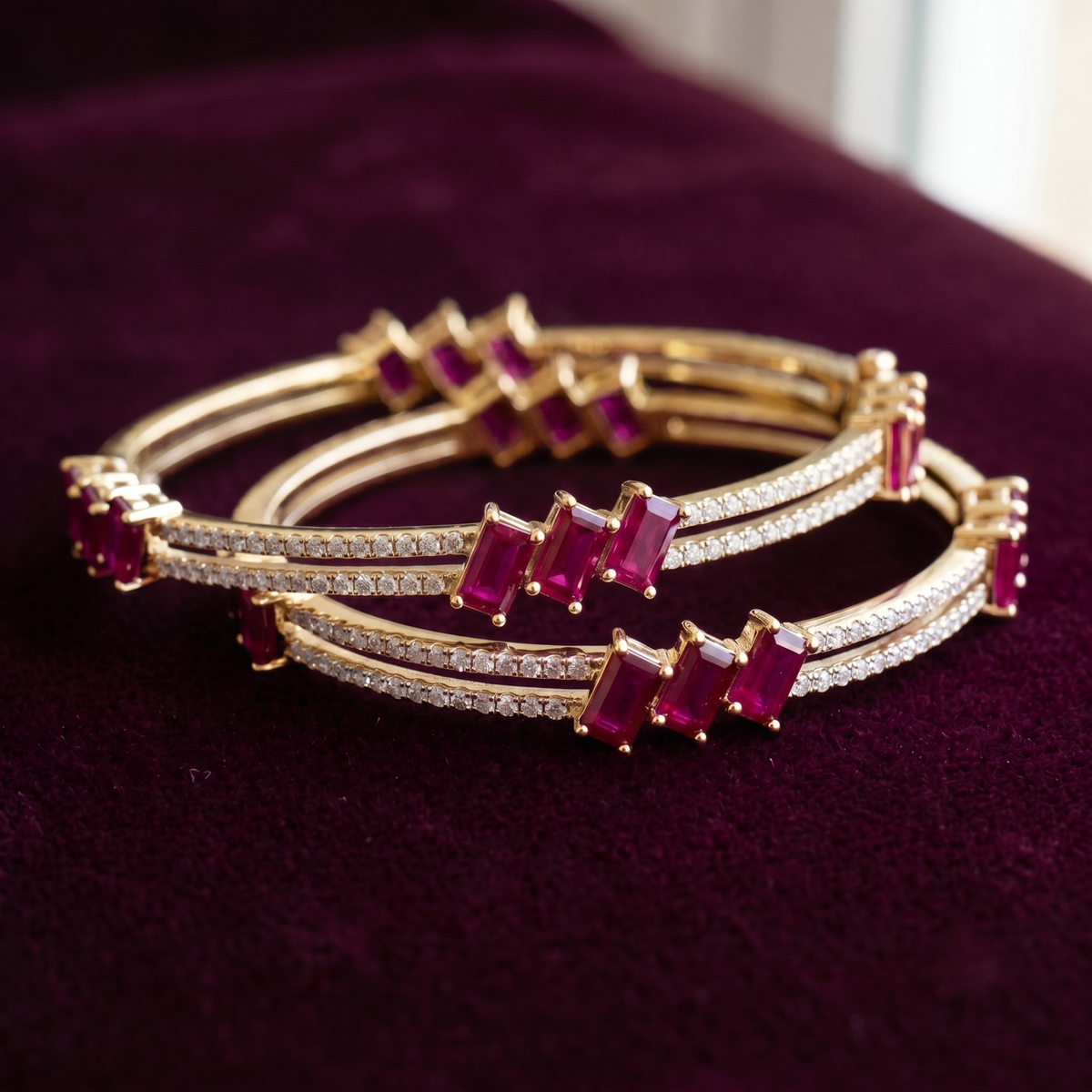 Signature Ruby Trio Baguette Bangle in 925 Sterling Silver