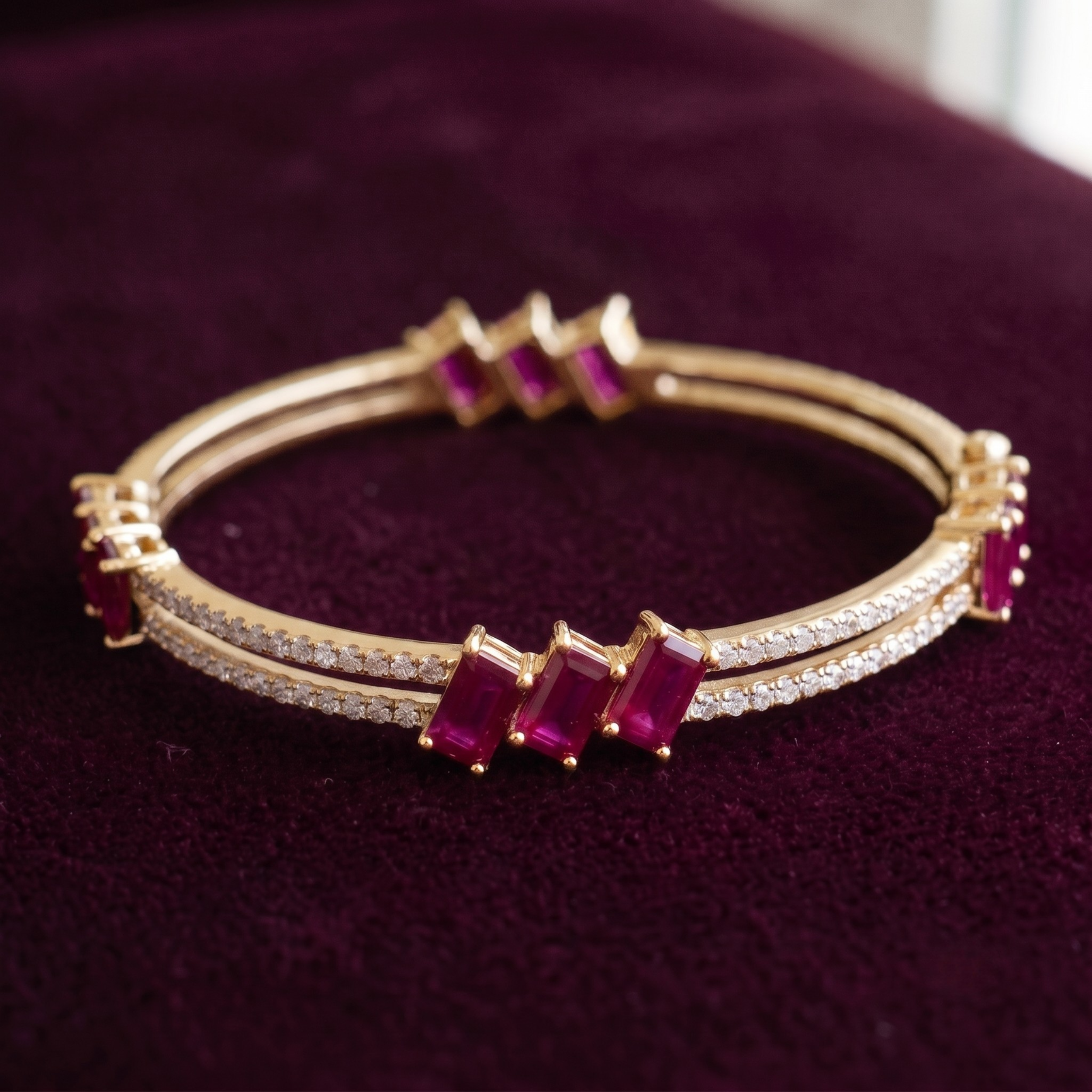 Signature Ruby Trio Baguette Bangle in 925 Sterling Silver
