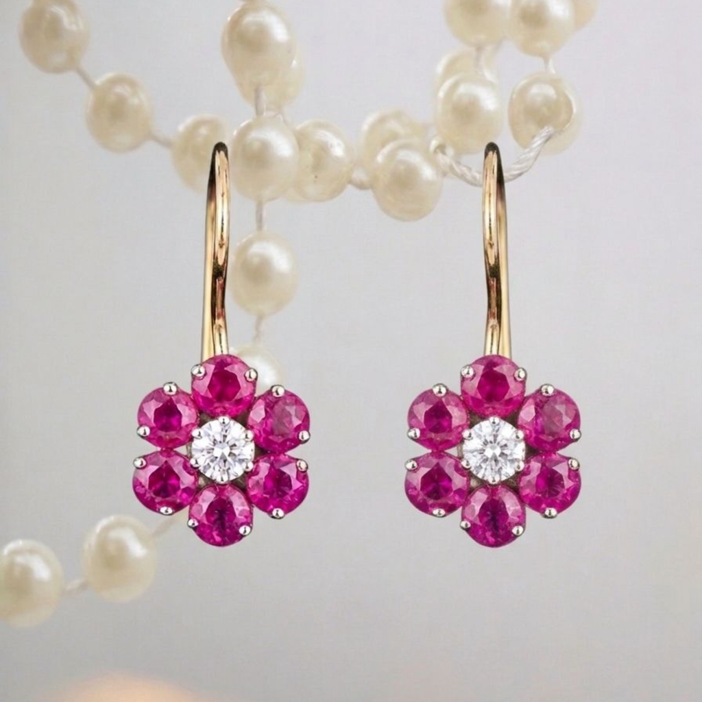 Ruby Floral Drop Earrings - 925 Sterling Silver
