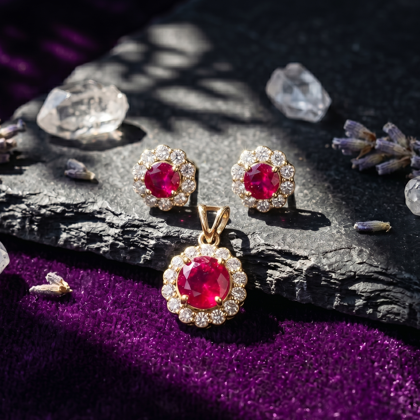 Ruby Halo Pendant Set in 925 Sterling Silver