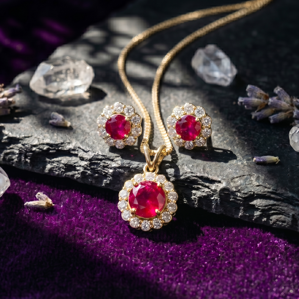 Ruby Halo Pendant Set in 925 Sterling Silver