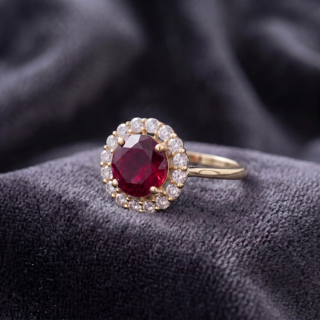 Round Cut Ruby Halo Statement Ring in 925 Sterling Silver