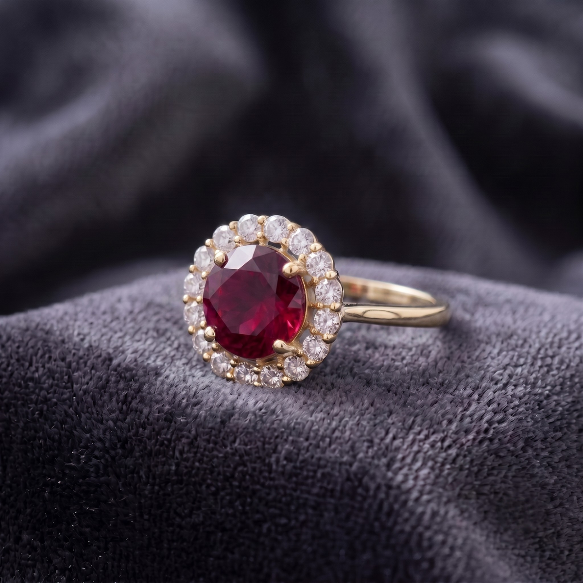 Round Cut Ruby Halo Statement Ring in 925 Sterling Silver