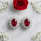 Majestic Ruby Oval Halo Studs - 925 Sterling Silver