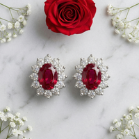 Majestic Ruby Oval Halo Studs - 925 Sterling Silver