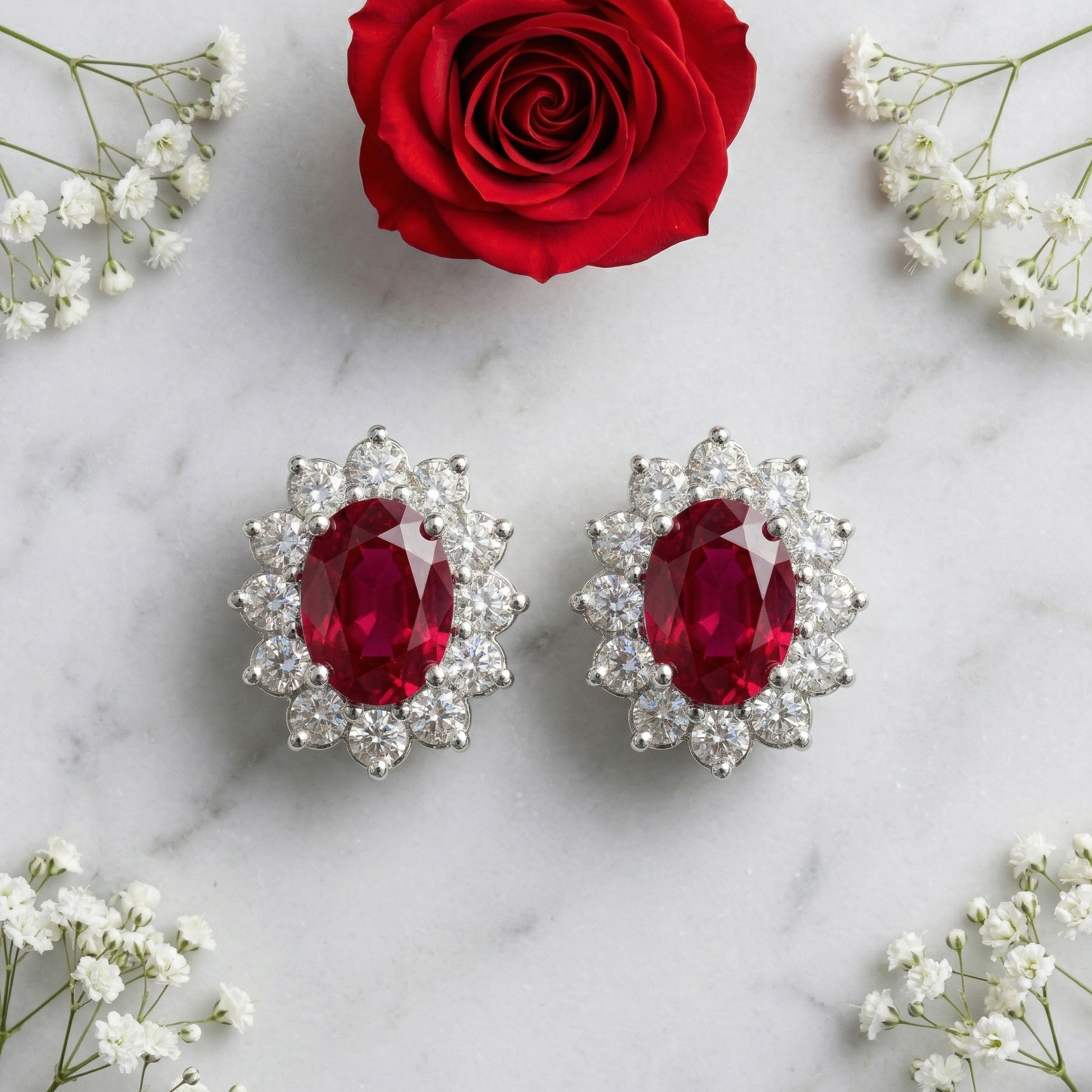 Majestic Ruby Oval Halo Studs - 925 Sterling Silver