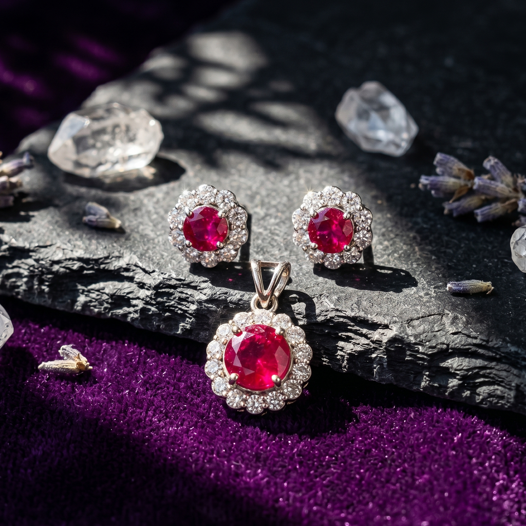 Ruby Halo Pendant Set in 925 Sterling Silver
