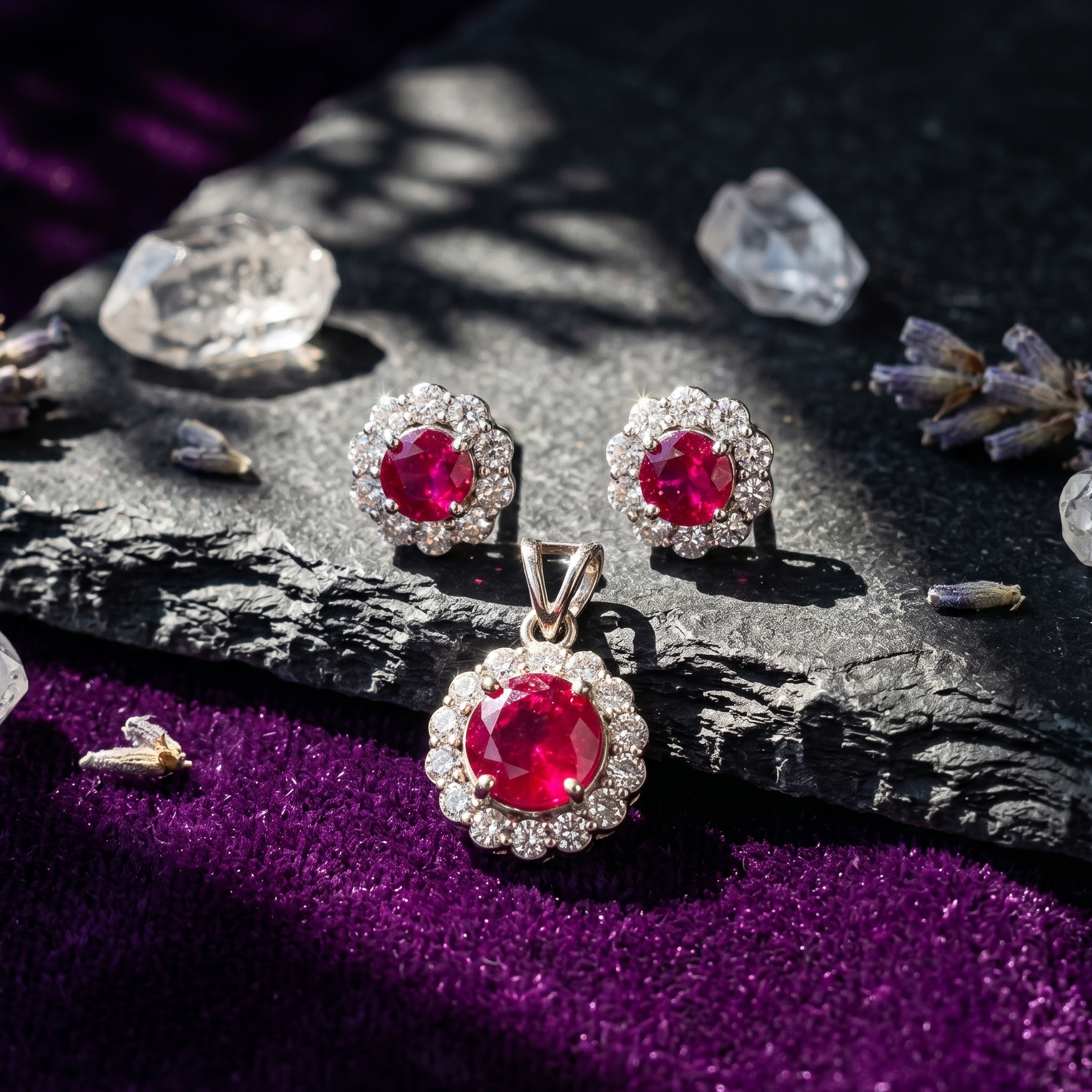 Ruby Halo Pendant Set in 925 Sterling Silver